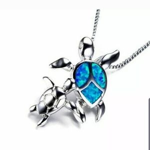 Sterling silver blue fire opal turtle necklace